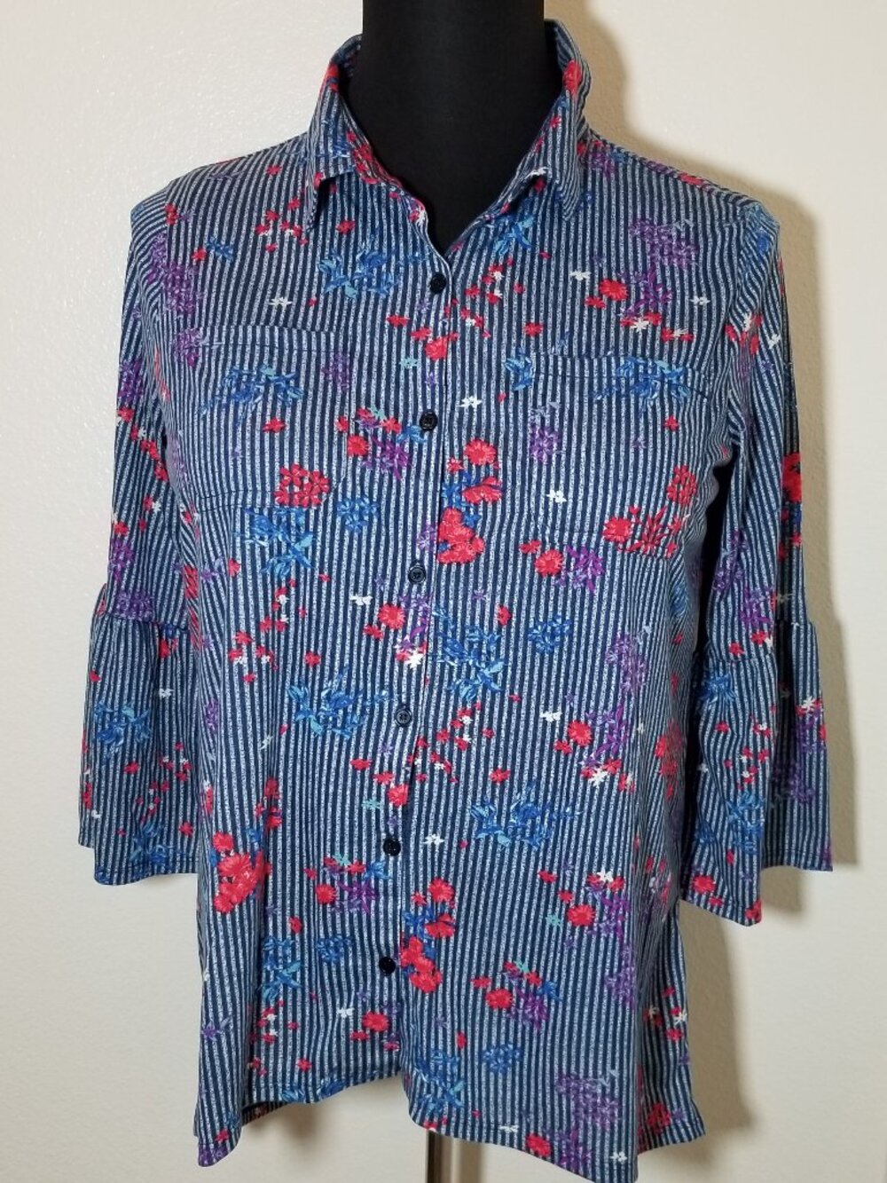 French Laundry Womens XL Bell Sleeve Blue Striped Floral Blouse Hippie‎ Peasant